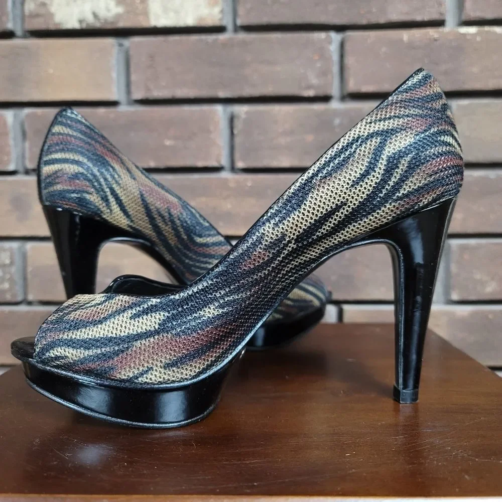 Carlos Carlos Santana ultra platform spike high heels peep toe trial print shoes